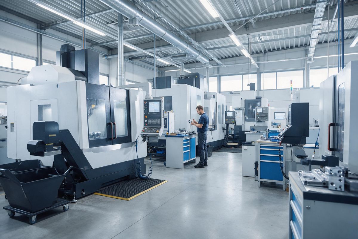 Technician reviewing a precision-machined component on a modern CNC shop floor