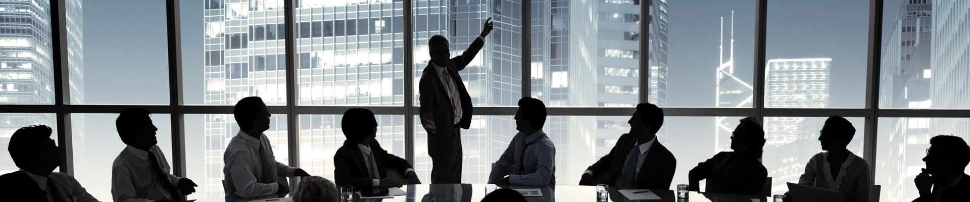Silhouettes of professionals in a boardroom presentation against a city skyline