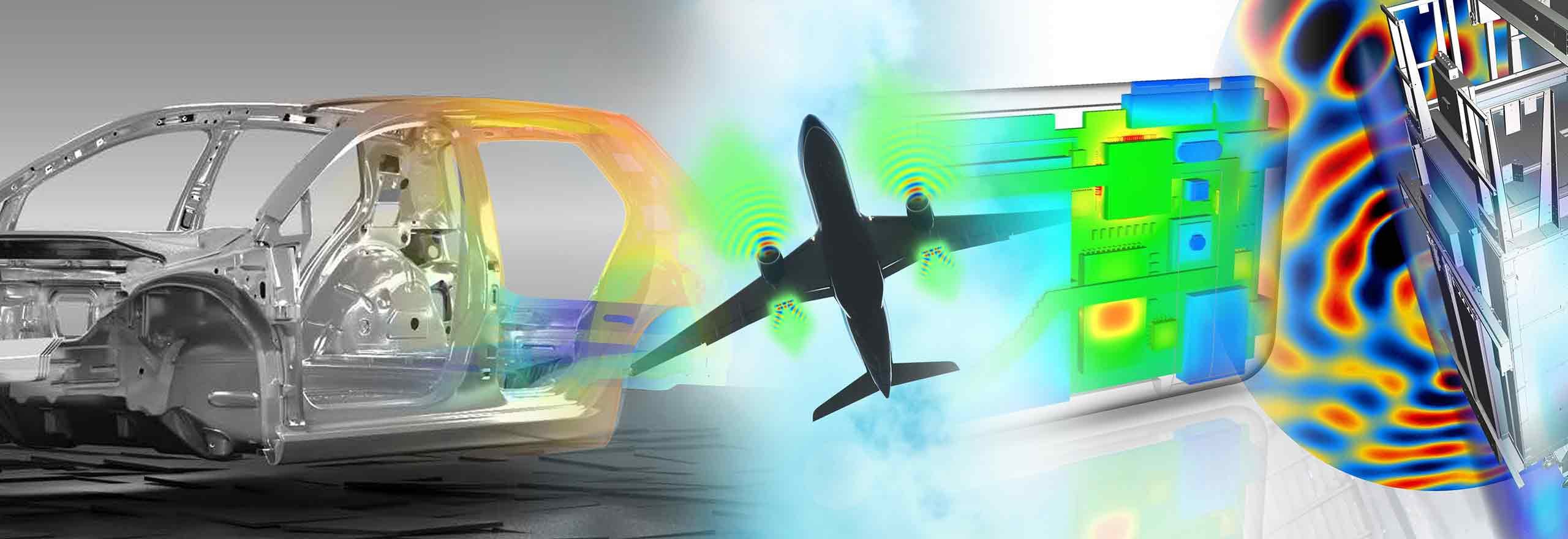 CAE simulation visuals across an automotive body, an aircraft and an electronic assembly