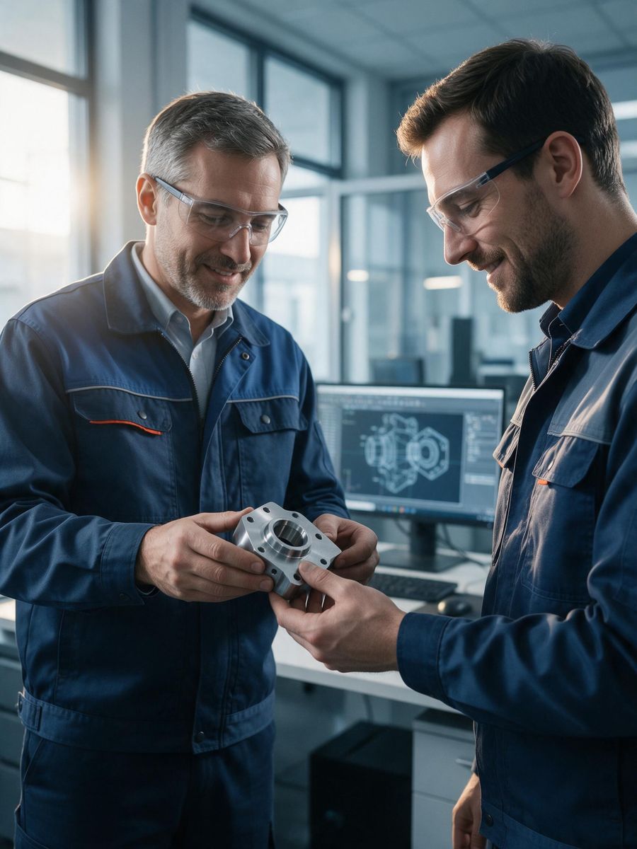 Two engineers reviewing a precision-machined component together