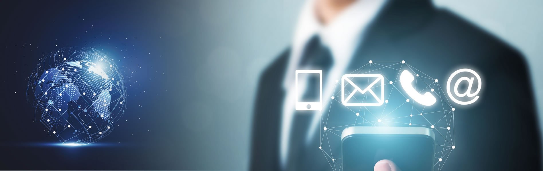 Communication icons — phone, email, call and web — over a connected global network