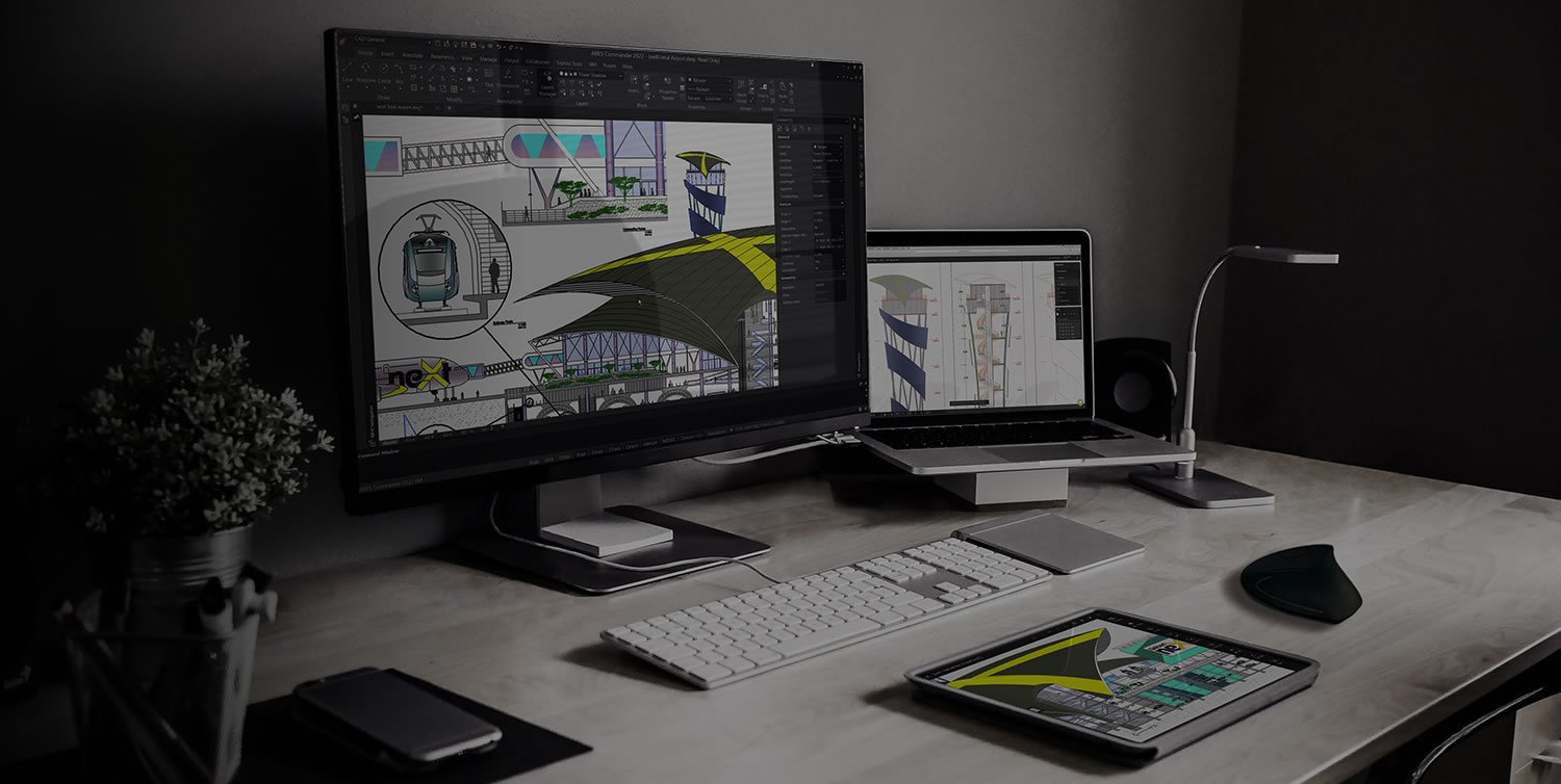 ARES Commander CAD drawing shown across a desktop monitor, laptop and tablet
