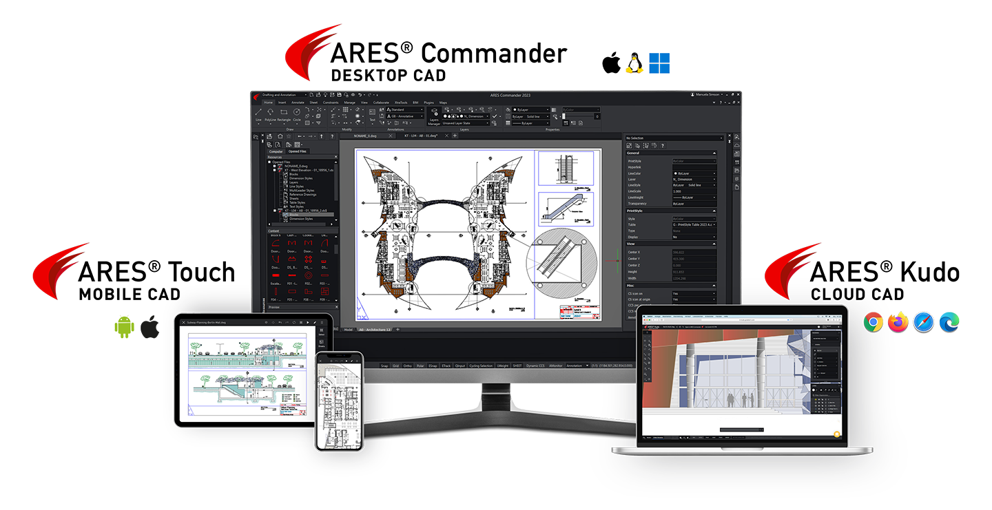 ARES Commander desktop CAD, ARES Touch mobile CAD, and ARES Kudo cloud CAD ecosystem