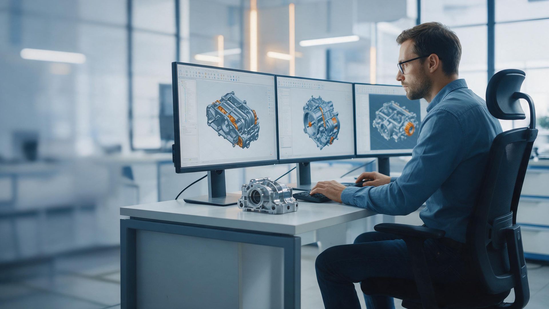Engineer reviewing a 3D CAD assembly across multiple monitors