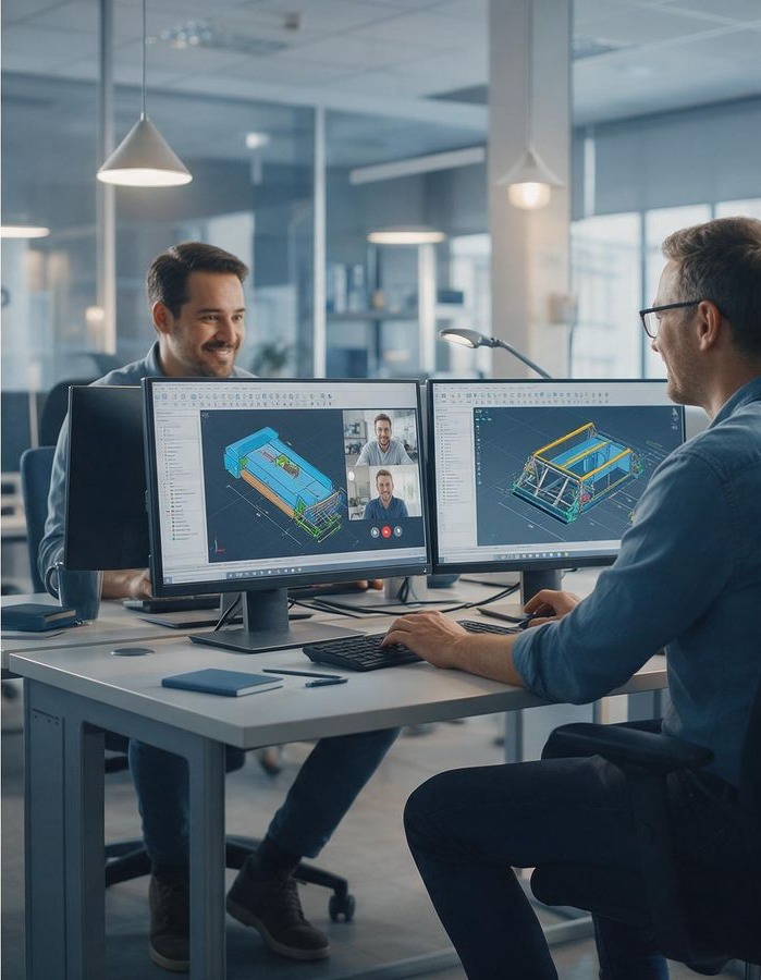 Engineers at adjacent workstations collaborating on 3D CAD models in a modern engineering services office