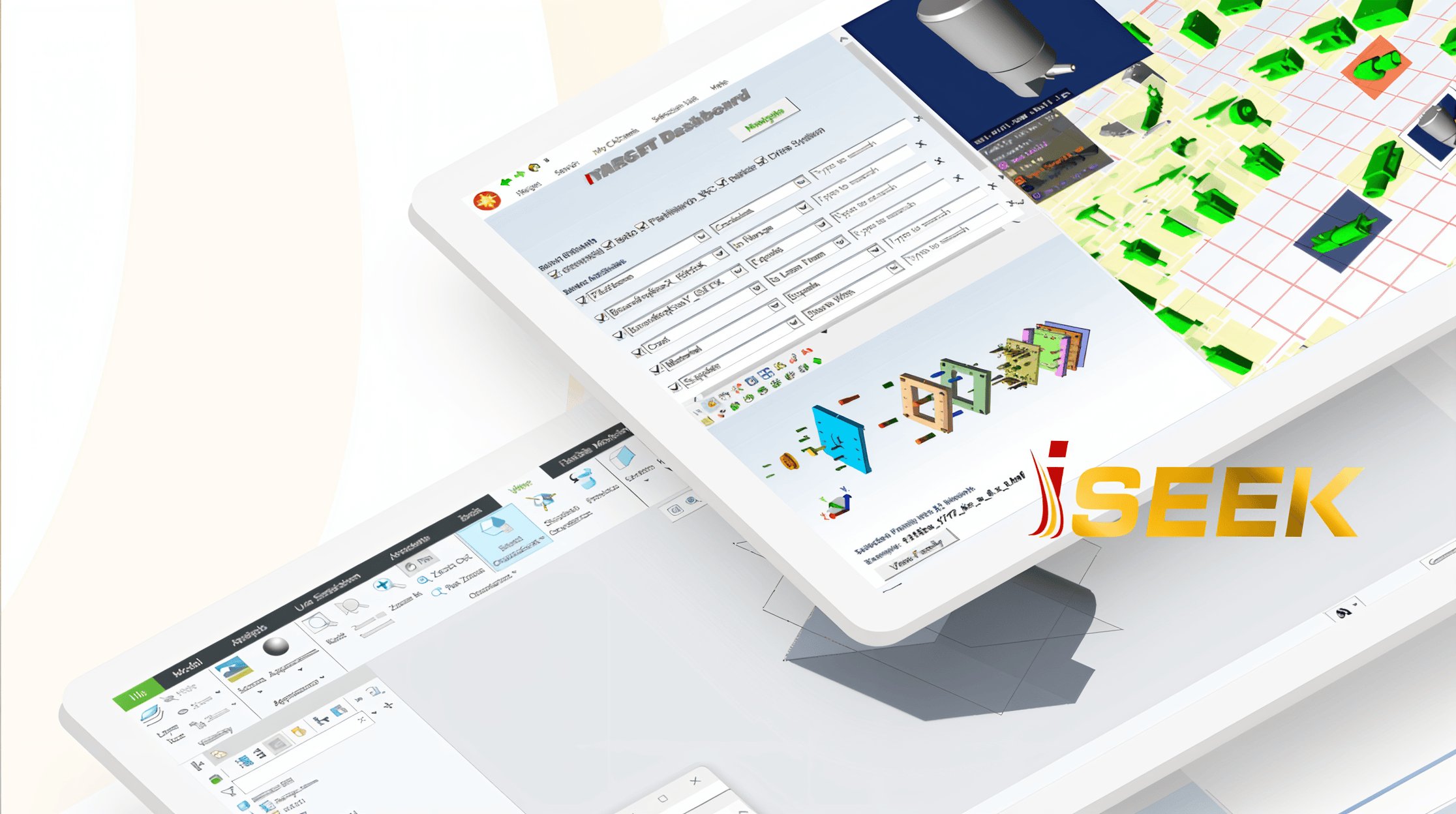 CADSEEK 3D shape-search software shown across tablet interfaces, with the iSEEK logo