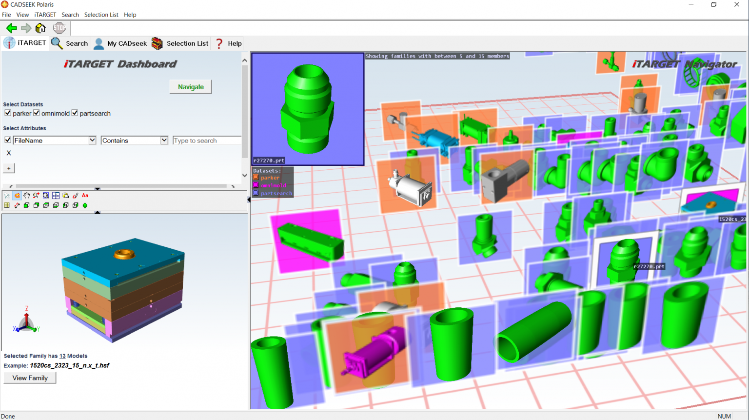 CADSEEK Polaris shape-search interface showing a 3D part family navigator