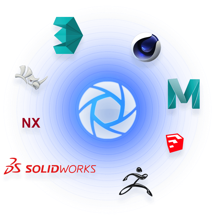 KeyShot connected to 3ds Max, Cinema 4D, Rhino, Maya, SketchUp, ZBrush, NX and SOLIDWORKS