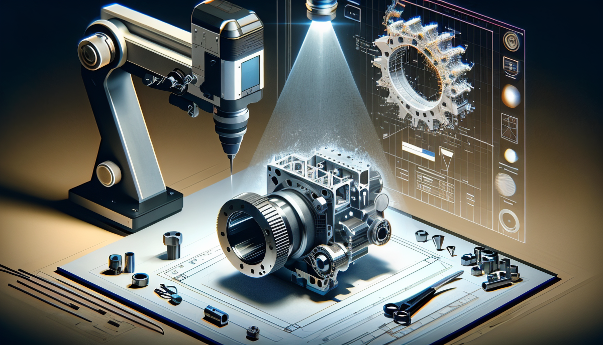3D laser scanning arm capturing a mechanical part alongside its digital point-cloud model