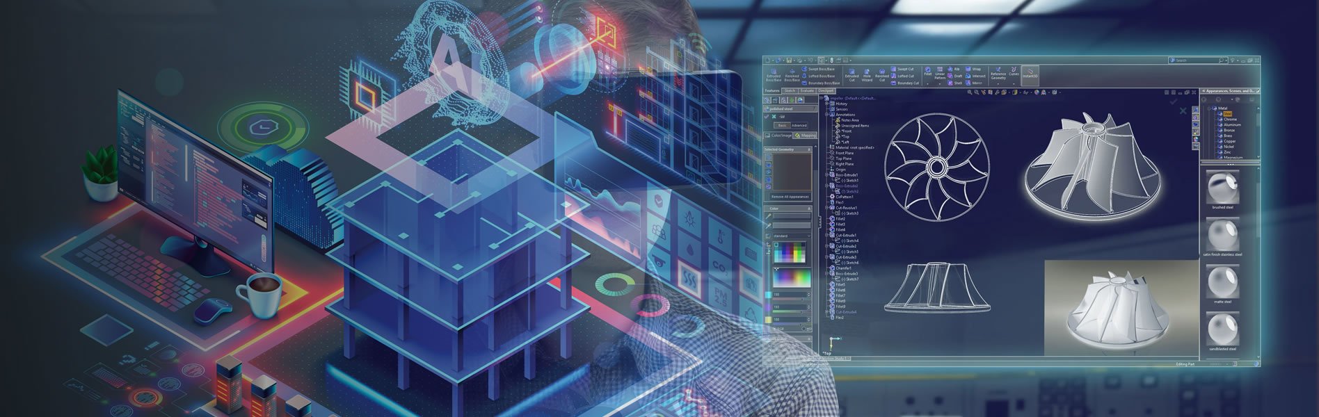 Engineer working at a connected digital design desk with CAD and data visuals