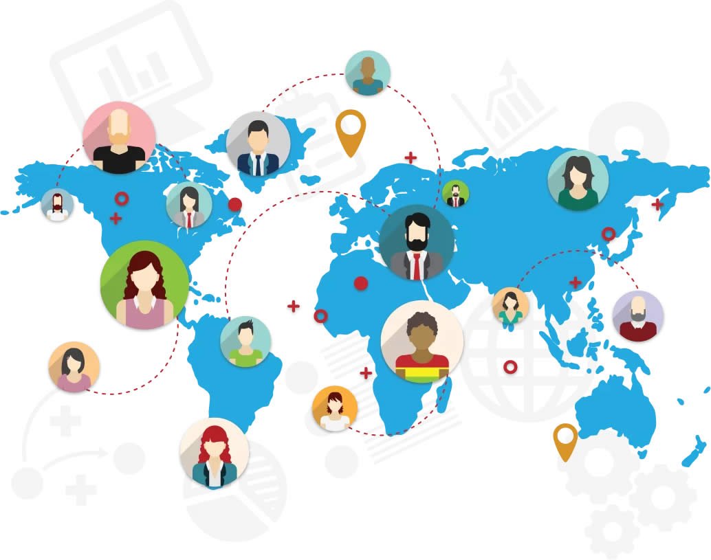 Illustration of a globally connected engineering team spread across a world map
