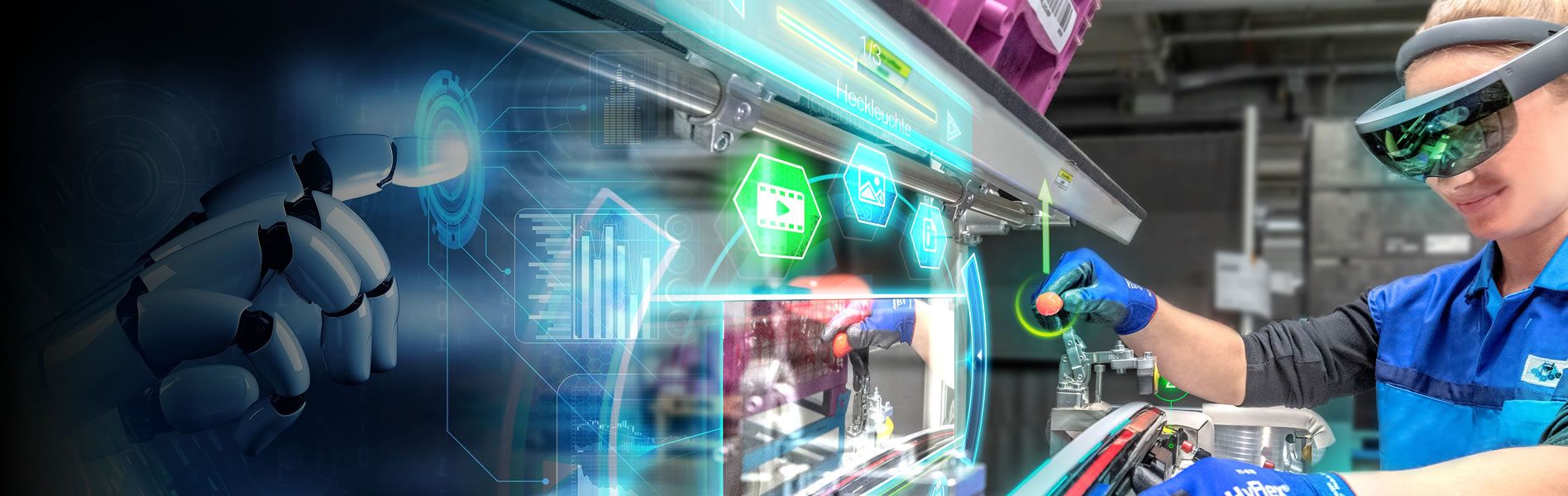 Engineer using PTC Vuforia augmented reality headset on a factory floor