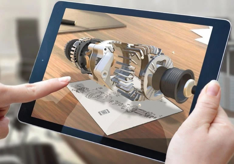 Technician using augmented reality overlay for equipment maintenance