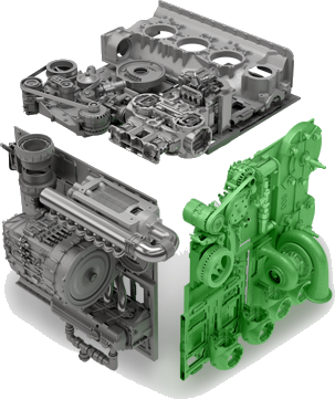 CAD renders of an engine block shown in wireframe, shaded and green highlight views
