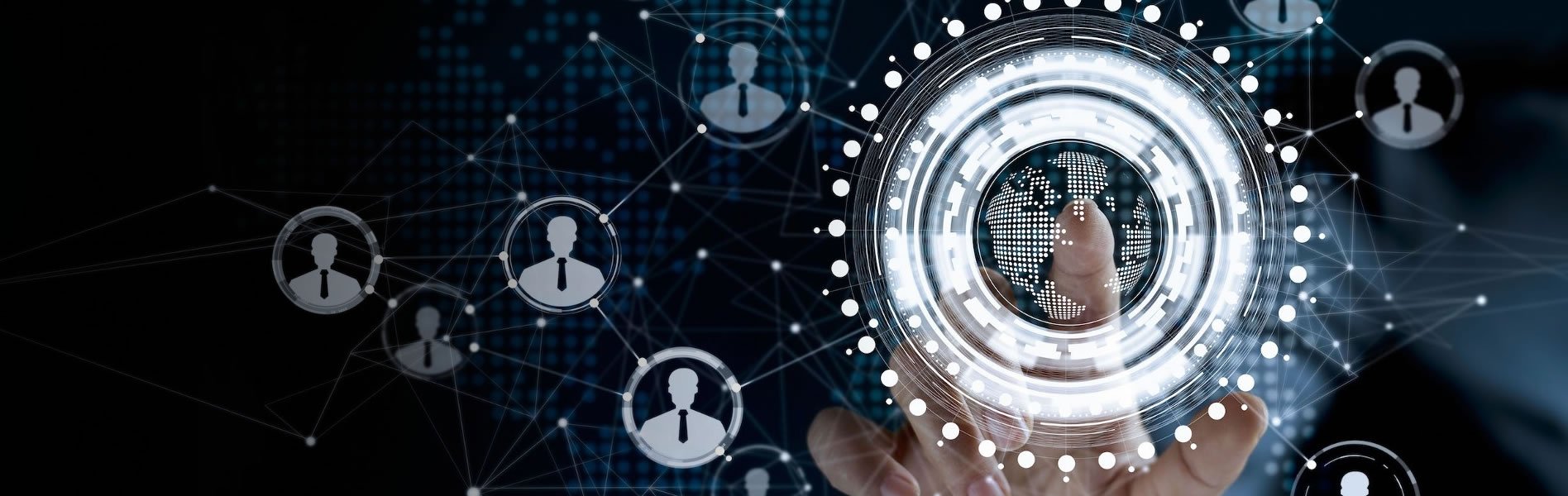 Hand connecting a global network of people icons, representing a connected engineering workforce