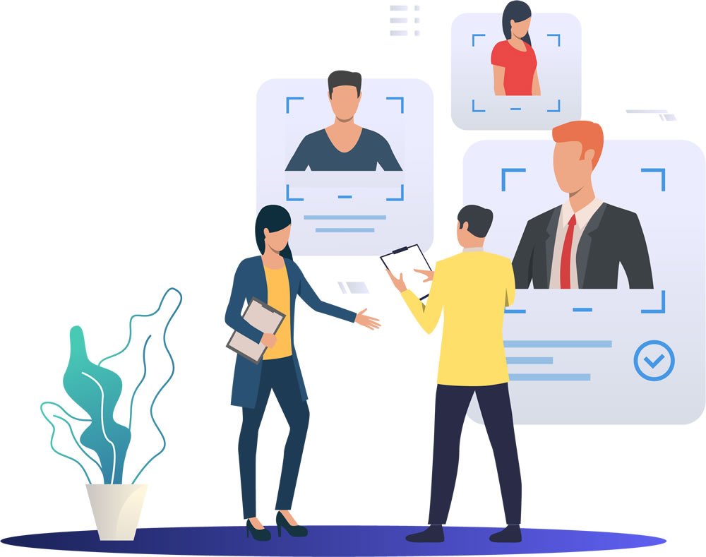 Illustration of a hiring manager reviewing candidate profiles