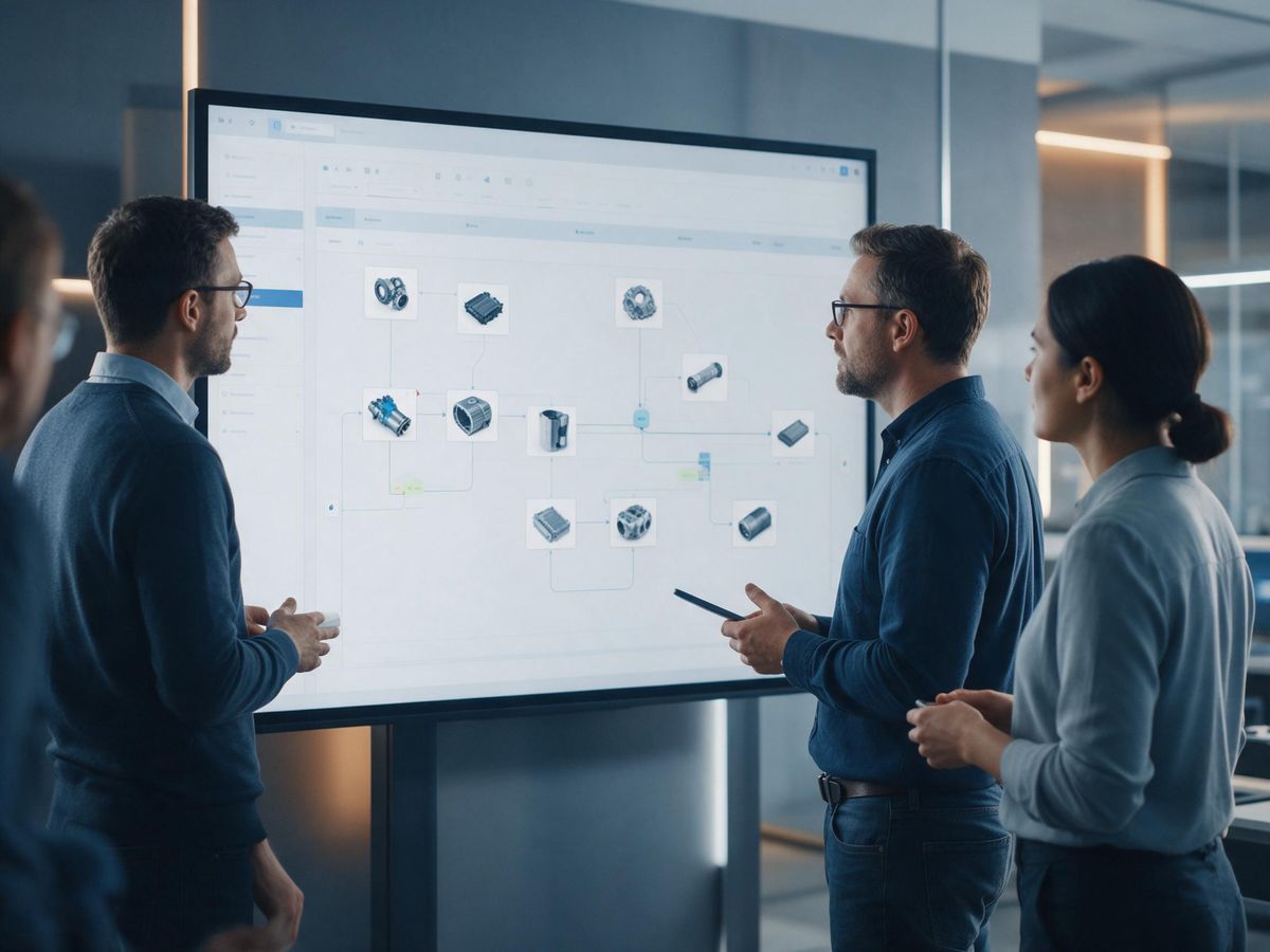Engineers collaborating around a PLM workflow diagram on a large screen