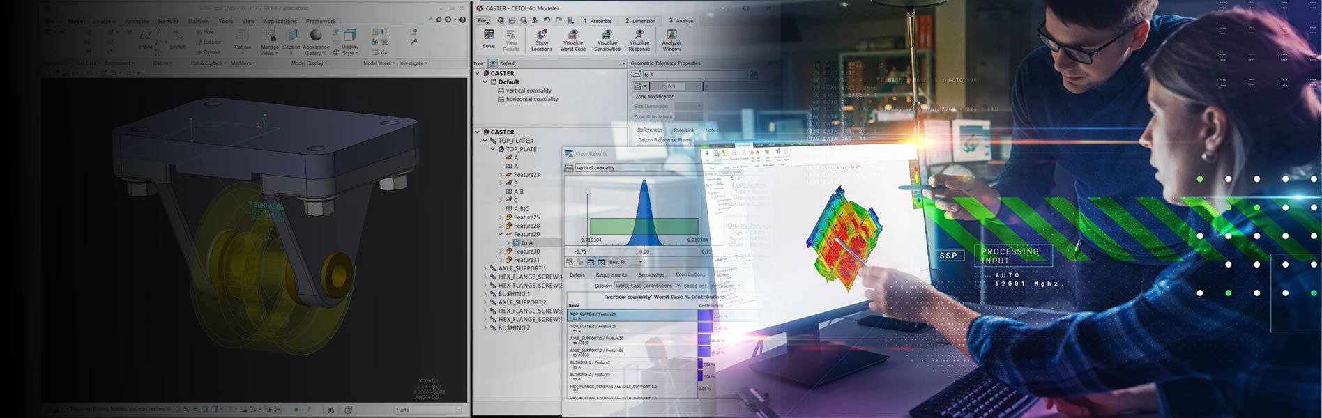 CETOL 6-sigma tolerance analysis software running alongside PTC Creo, with engineers reviewing simulation results