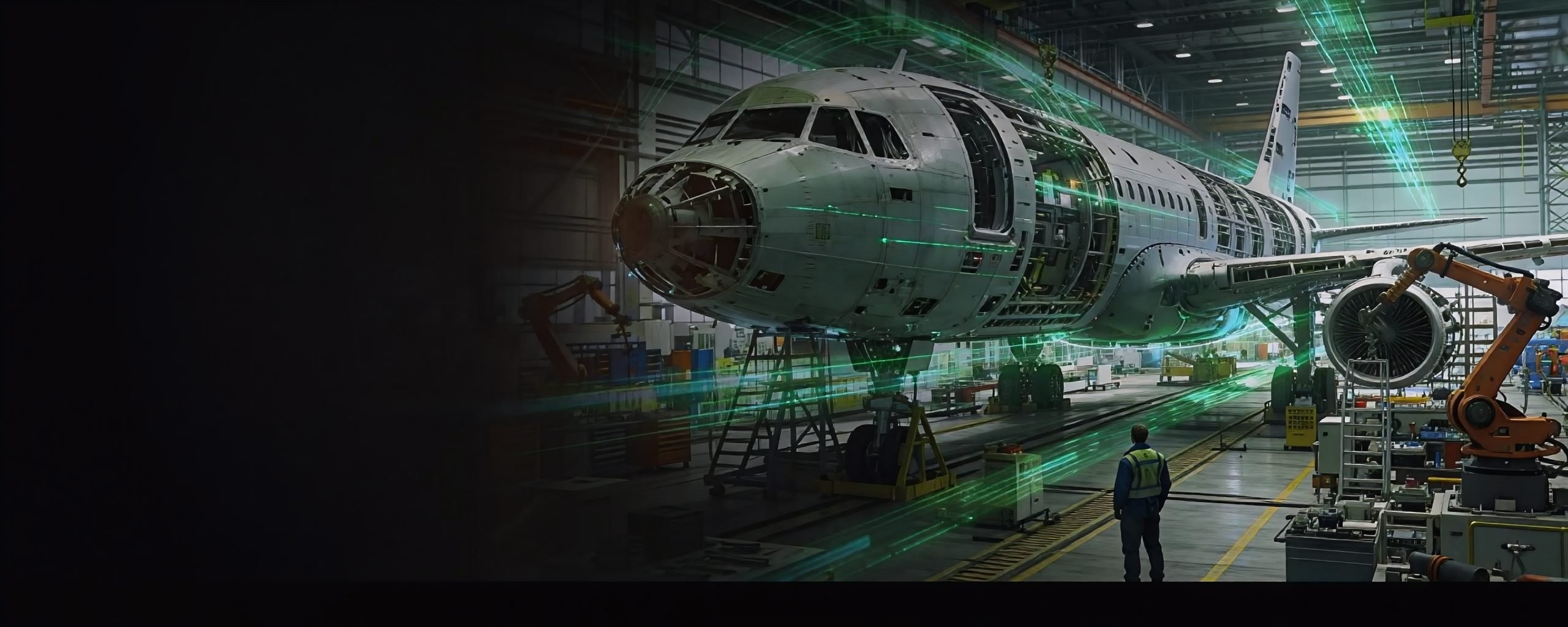 Aircraft fuselage under assembly in a hangar with a digital data overlay