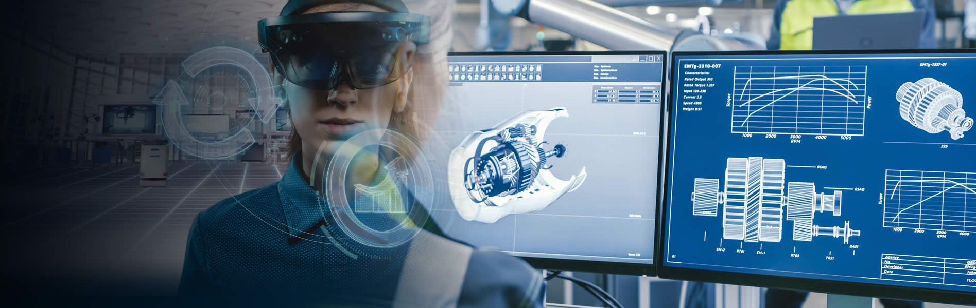 Engineer using an augmented-reality headset alongside connected CAD motor and drawing visuals